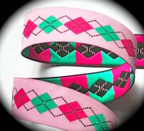 ARGYLE28 - 1" (3 yds) PINK/HOT PINK/TEAL DOUBLE DAMASK