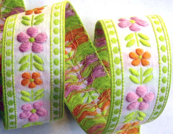 FLORAL216 1 1/4" LIME/PINK/ORANGE WOVEN (3 YDS)