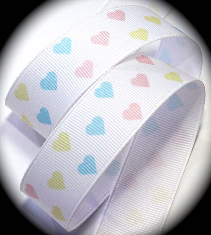 HEART- 7/8" GROSGRAIN WHITE/PASTEL HEARTS -5YDS