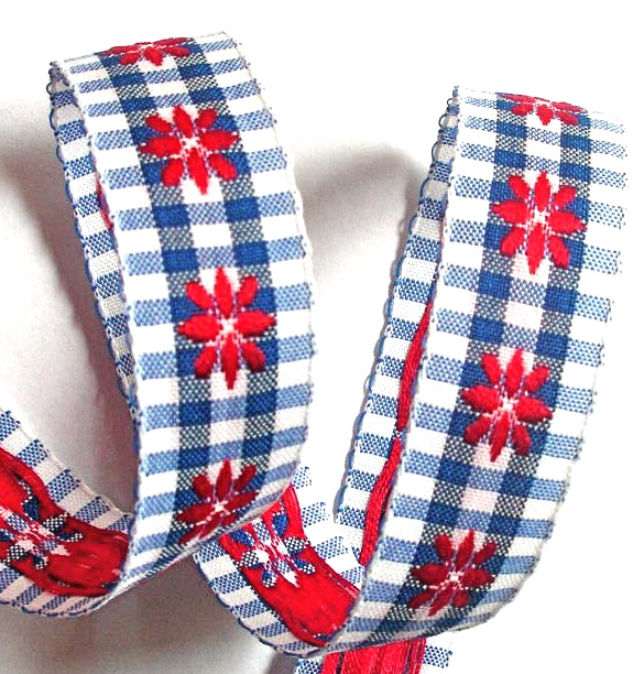 GINGHAM FLORAL3 3/4" BLUE/RED/WHITE 10 YDS