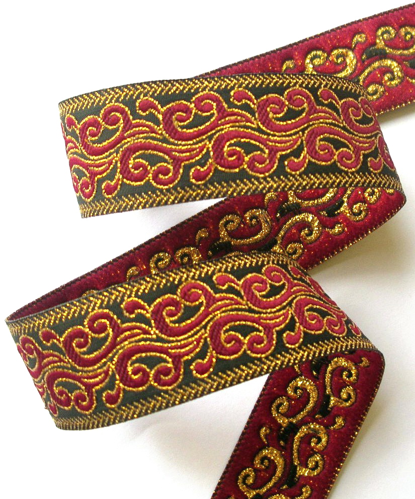 Flame Ribbon 1" x 3 y Black Red Gold Metallic