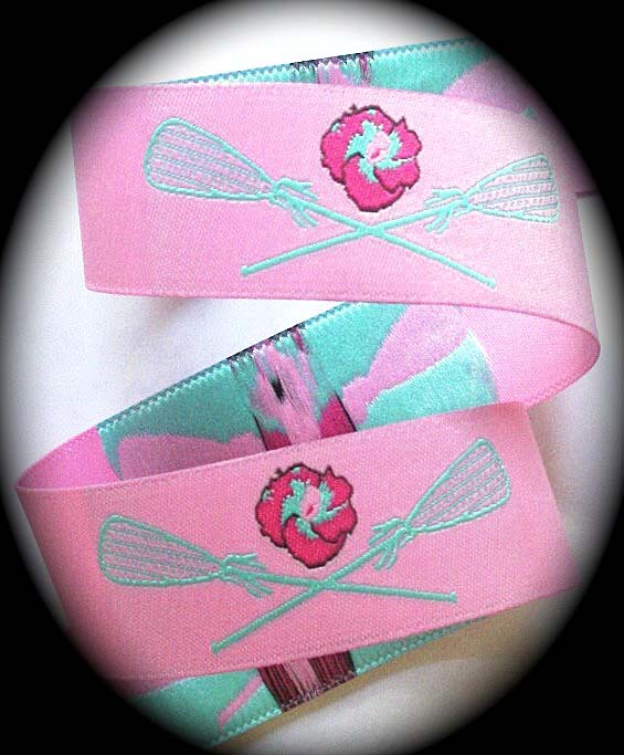 LAX1956 1" (3 YDS) Lacrosse W/PINK/AQUA HIBISCOUS- CUTE!!