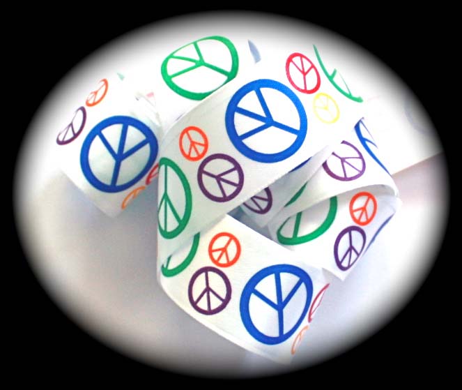 PEACE SIGN SATIN -  1 1/2" WHITE/RED/BLUE ETC (5YDS)LIMITD