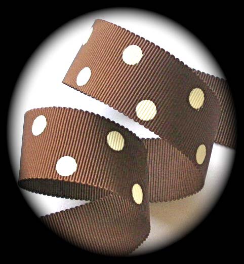 **COTTON/RAYONA 15/16" CHOC. BROWN/OFF WHITE DOTS (10 YDS)