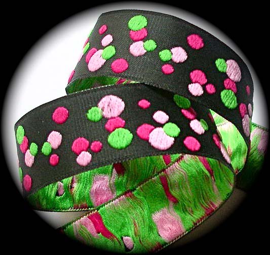 DOTS3  1" (3 yds) BLACK/PINK/LIME Woven Jacquard Ribbon