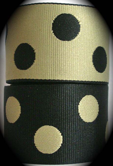 GPD555 1" Black/Khaki Reversible Woven Dots (3 yds)PIC. IS 1 1/2