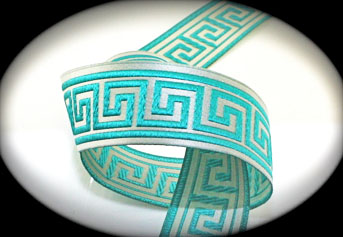 Greek Key1d 1" x 25 yards Creamy Silver, Turquoise