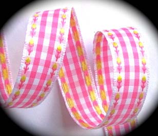 GINGHAM FLORAL 3/4" (10 YDS)PINK/WHITE/PALE YELLOW